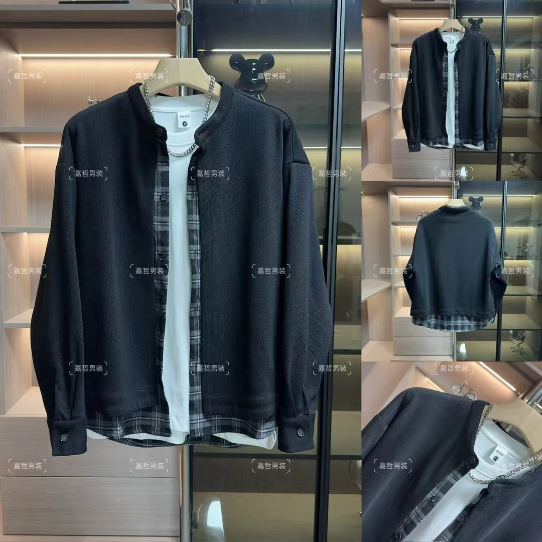 秋季男士新款日系复古简约拼接撞色格子假两件夹克休闲百搭外套