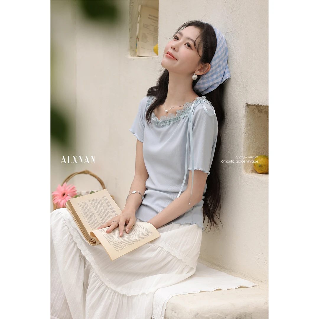 鹿向南「蓝云花漾」清新蕾丝拼接t恤女夏季抽褶收腰短袖上衣L53927