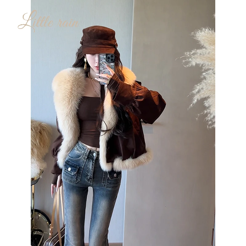 小雨姐姐【美德冬令】焦糖栗棕毛边时尚大毛领短外套女2025冬季新款