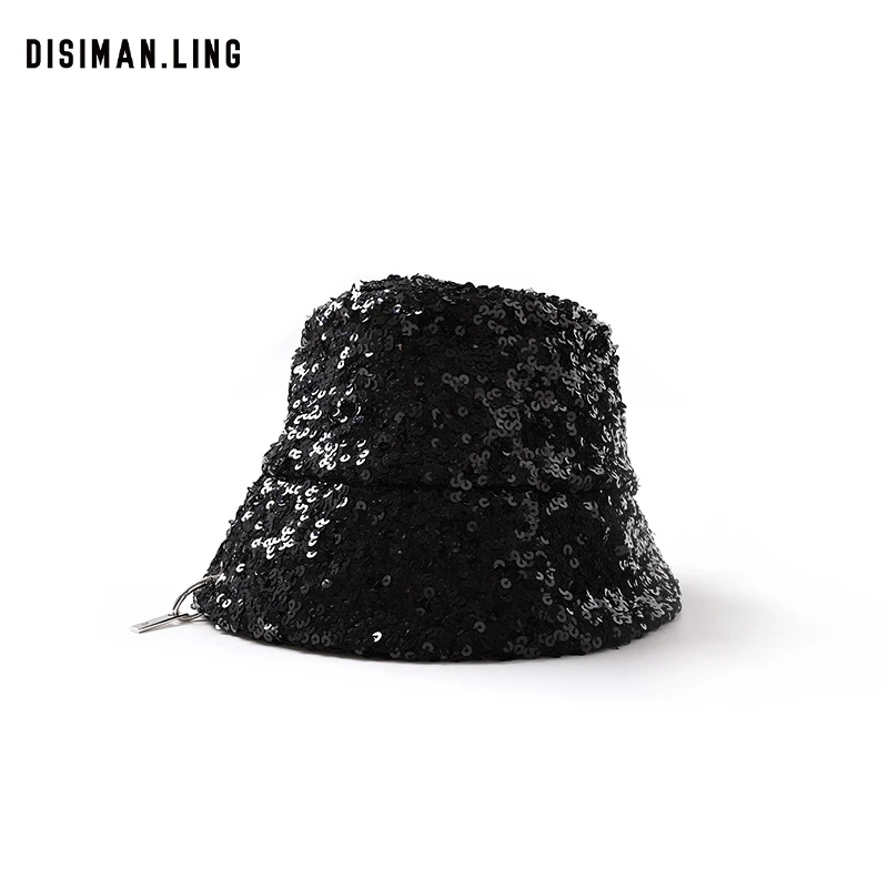 迪丝嫚苓黑色时尚布帽百搭女士经典亮片镂空原创设计师小众优雅感