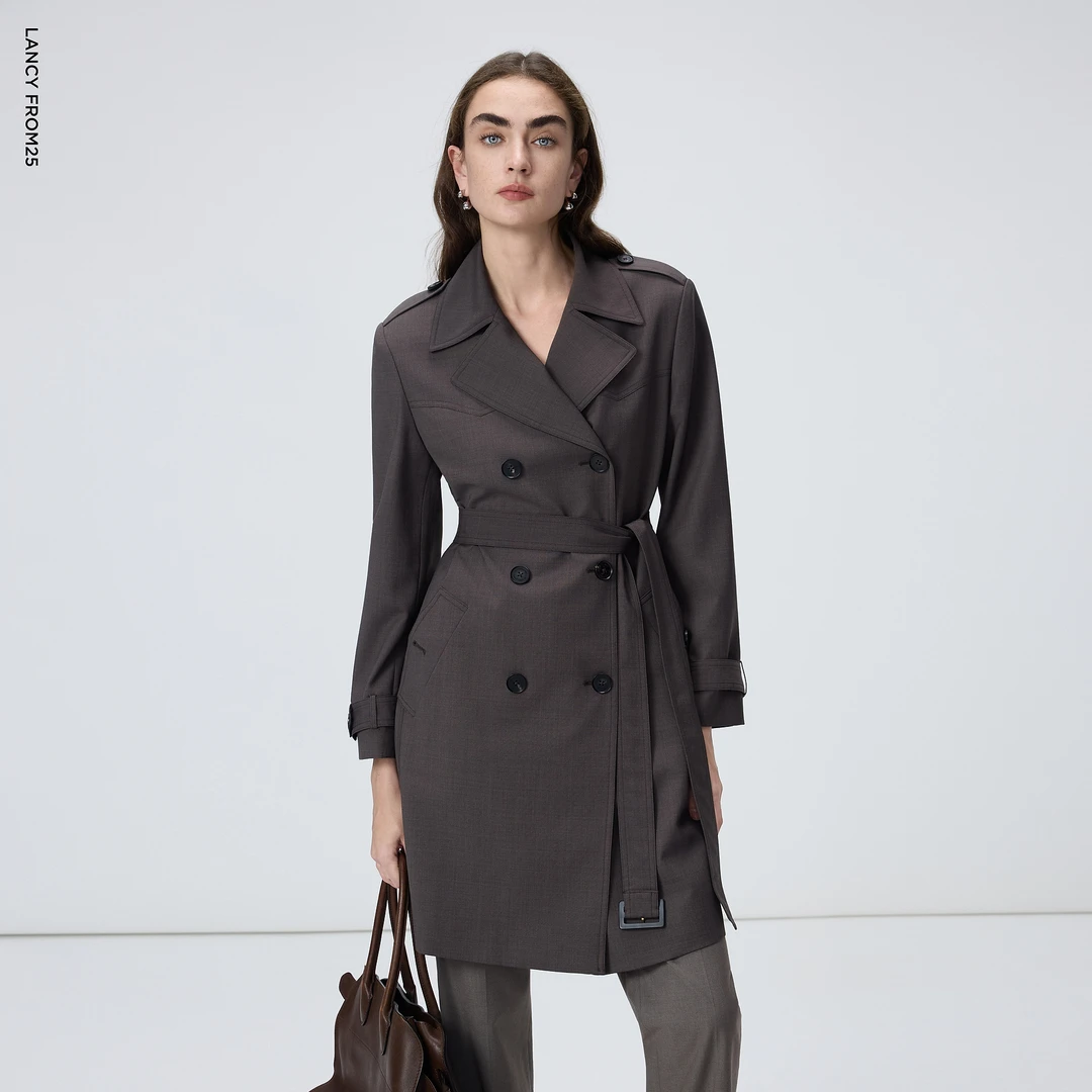 朗姿羊毛复古双排扣中长款风衣收腰气质高智感外套2026年春季新款