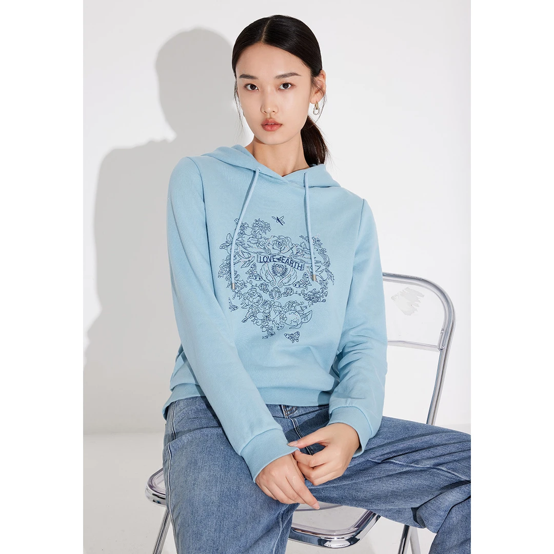 dunnu敦奴连帽钉珠刺绣简约卫衣8S130129印花上衣时尚女士休闲