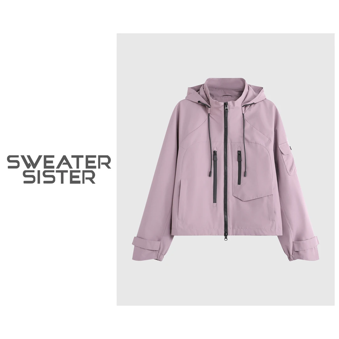 简约百搭抽绳连帽轻户外休闲工装外套女197-5176