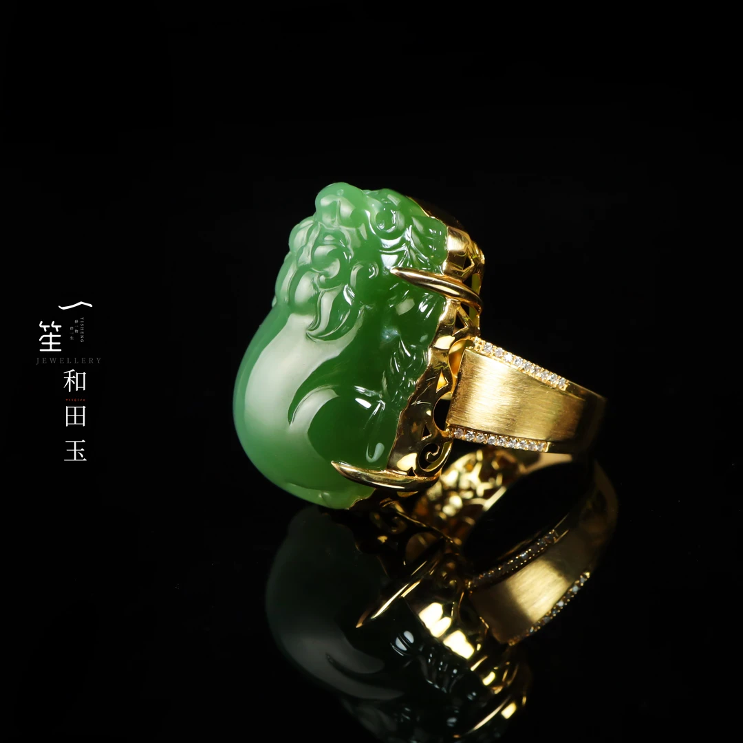【一笙珠宝】收藏级和田玉玻璃底粉青猫眼貔貅戒指 YS22044