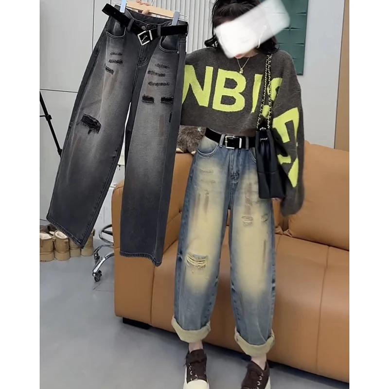 2025秋季新款破洞阔腿老爹裤女爆款宽松显瘦牛仔裤做旧高街九分裤