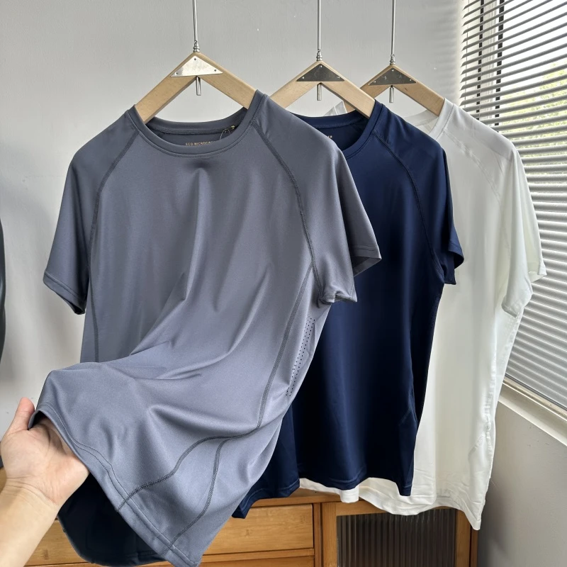 断码清~袅系立体裁剪激光冲孔夏季轻量速干透气高弹纯色短袖T恤男