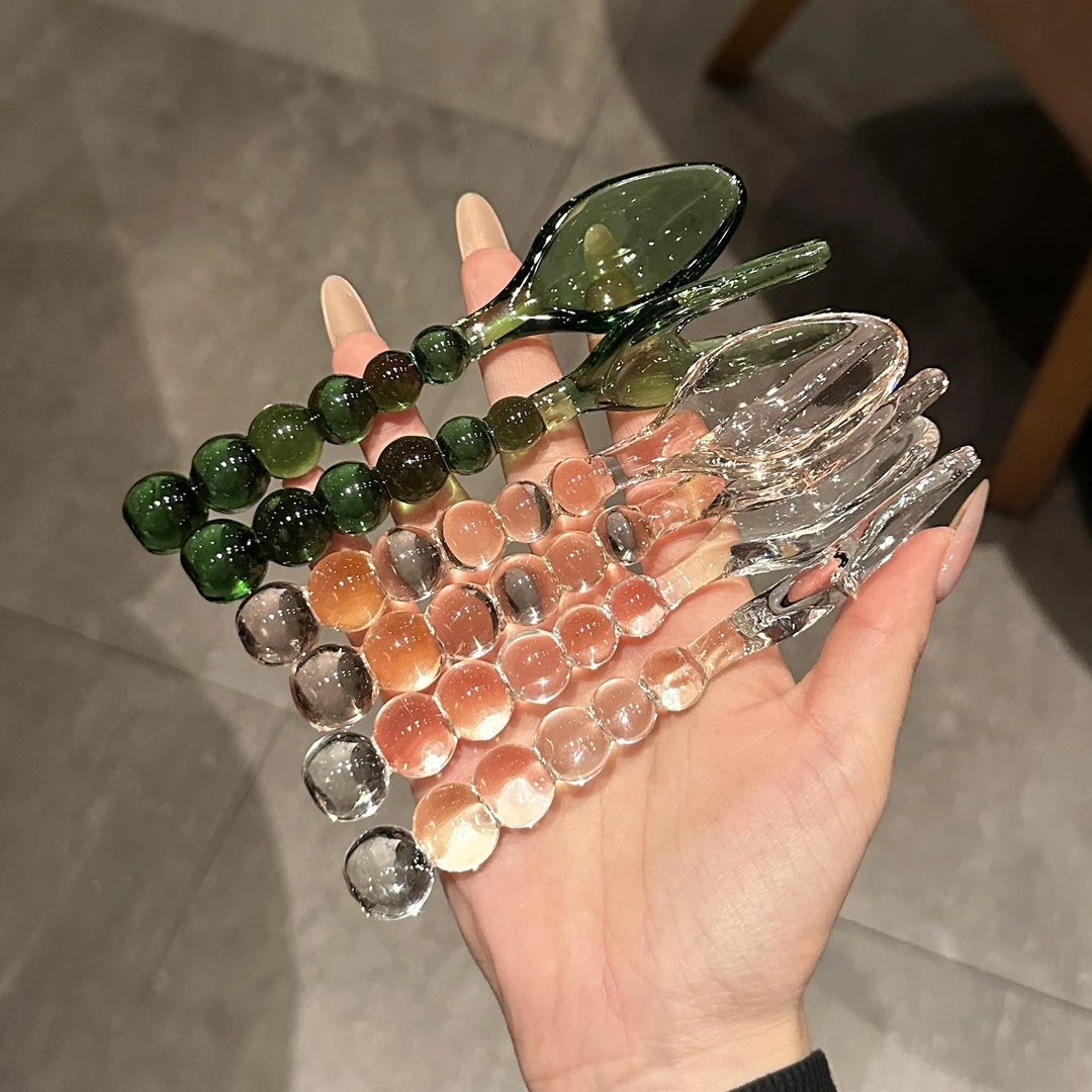 中古美国玻璃珠珠糕点玻璃餐具勺叉创意原色粉绿玻仙女玻璃搅拌棒