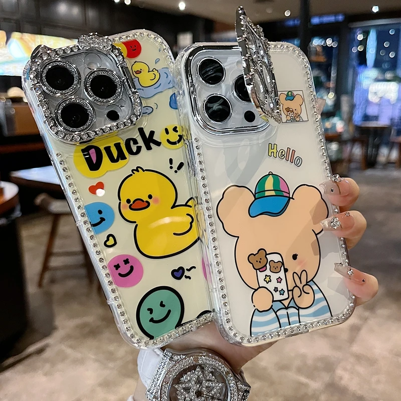 适用苹果系列iPhone16新款手机壳笑脸小鸭猫咪一体支架钻框镜头膜