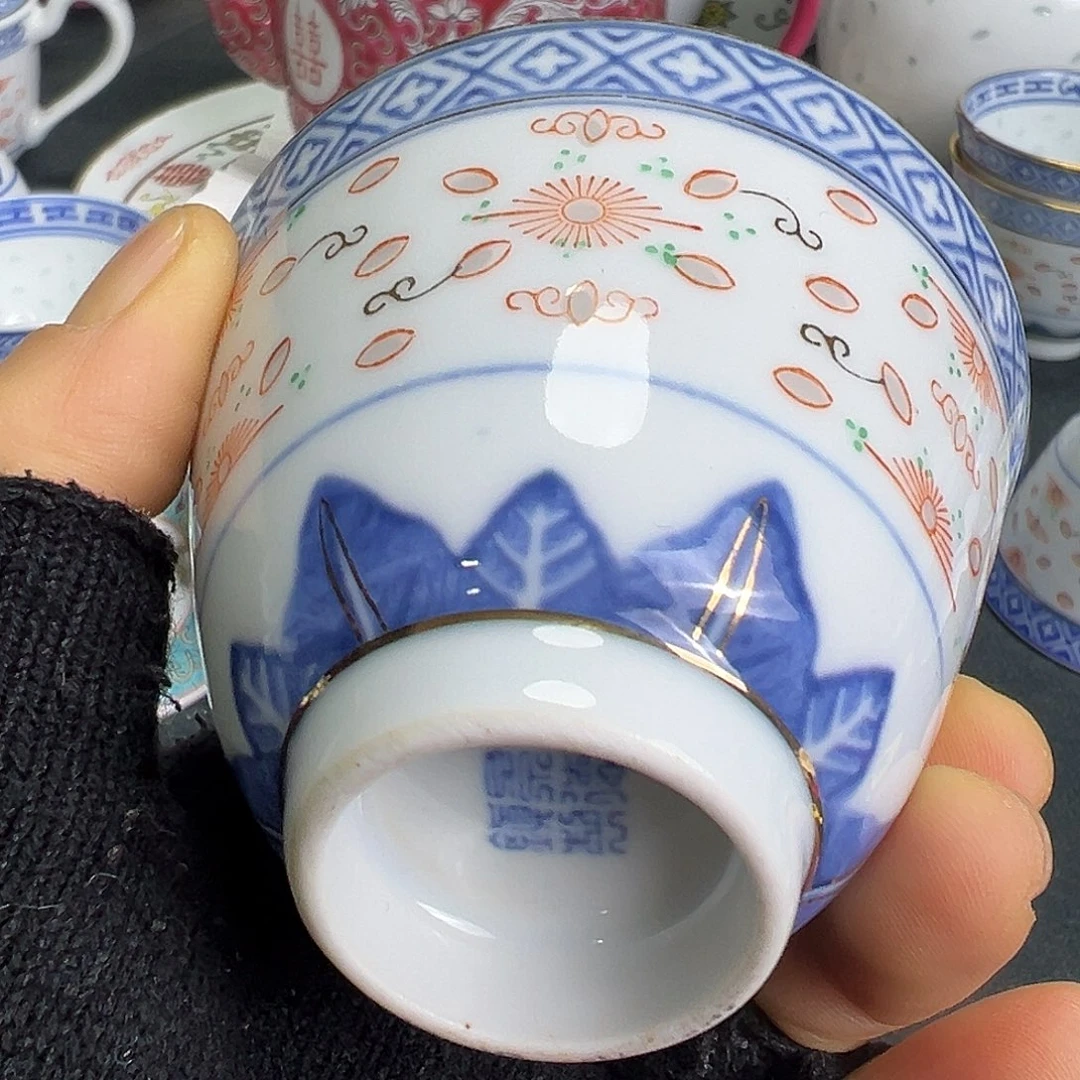 杯景德镇陶瓷青花玲珑加彩二刚杯