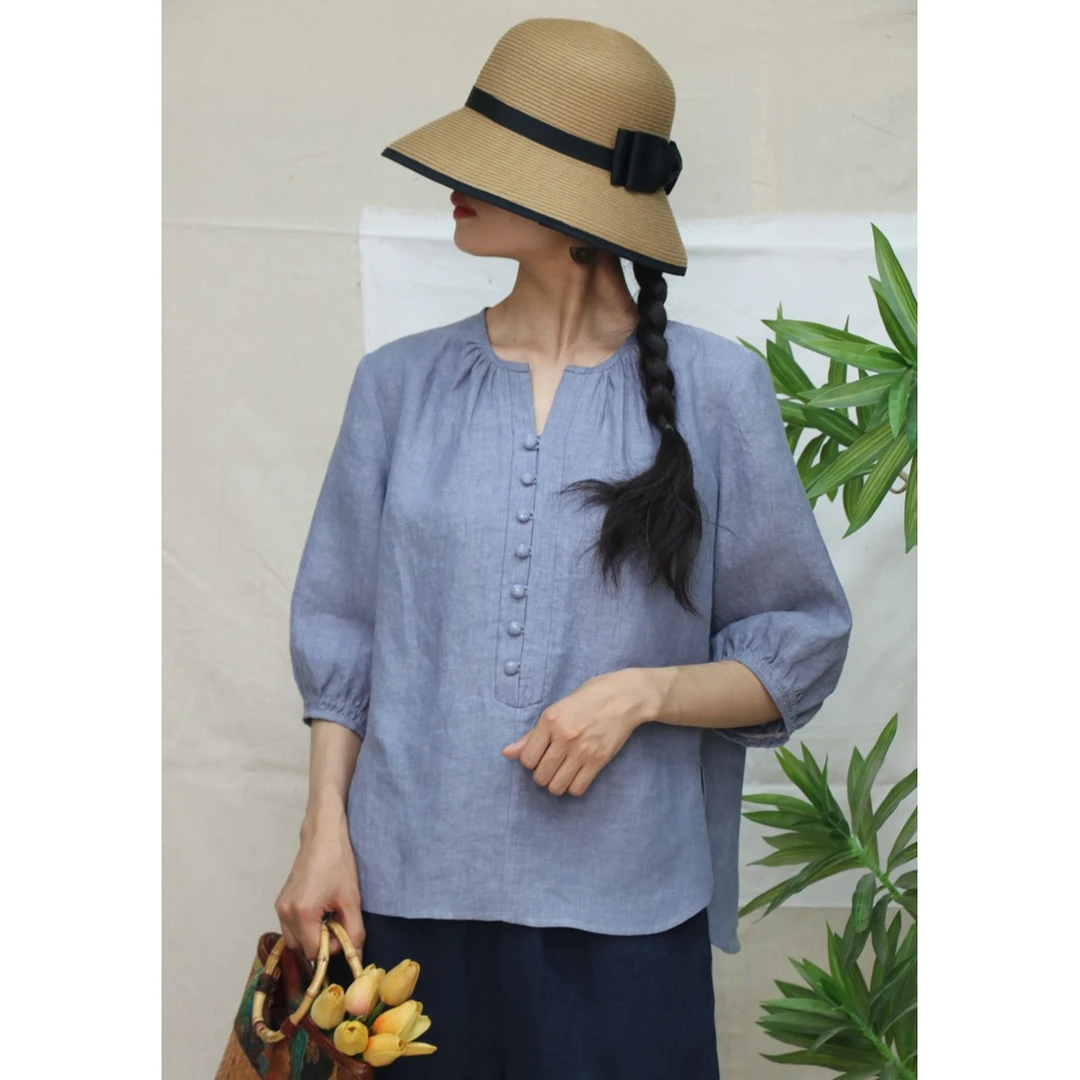 喜盼原创{晴山}25夏新款中式100汉麻衬衫领文艺百搭汉麻衬衫女