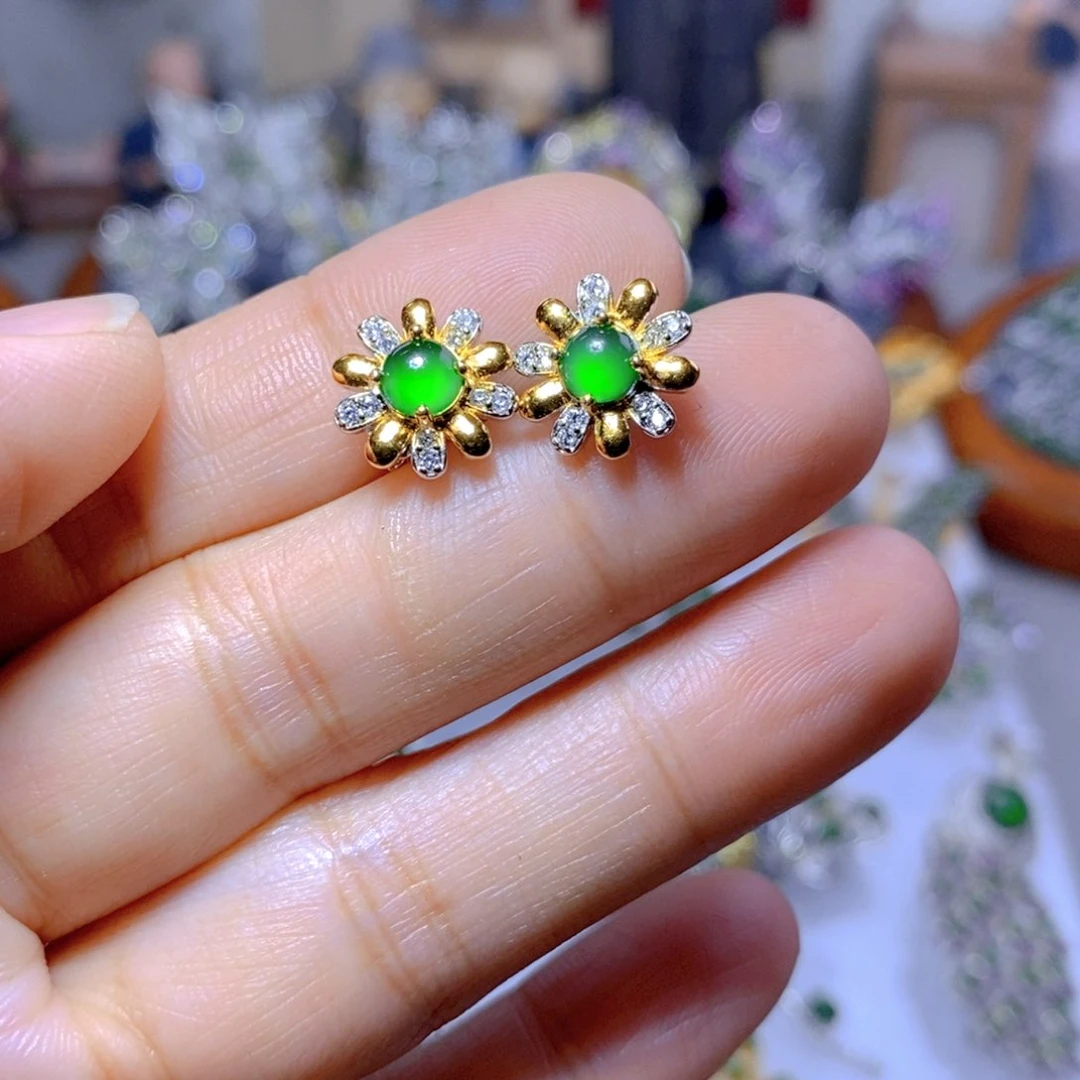 翡翠耳钉银S925镶嵌天然翡翠