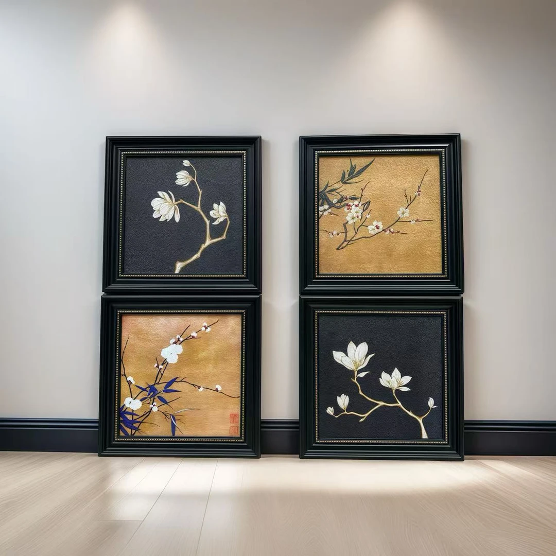 A02四联中古花鸟餐厅客厅书房卧室挂画兰花梅花砂岩欧框4040