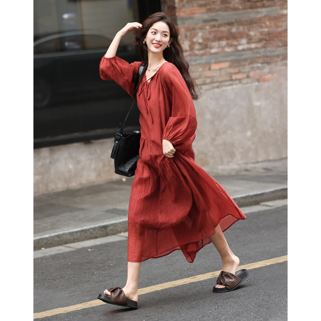 品牌女装德·玛纳法式风情连衣裙浪漫气质显白轻松度假褶皱连衣裙