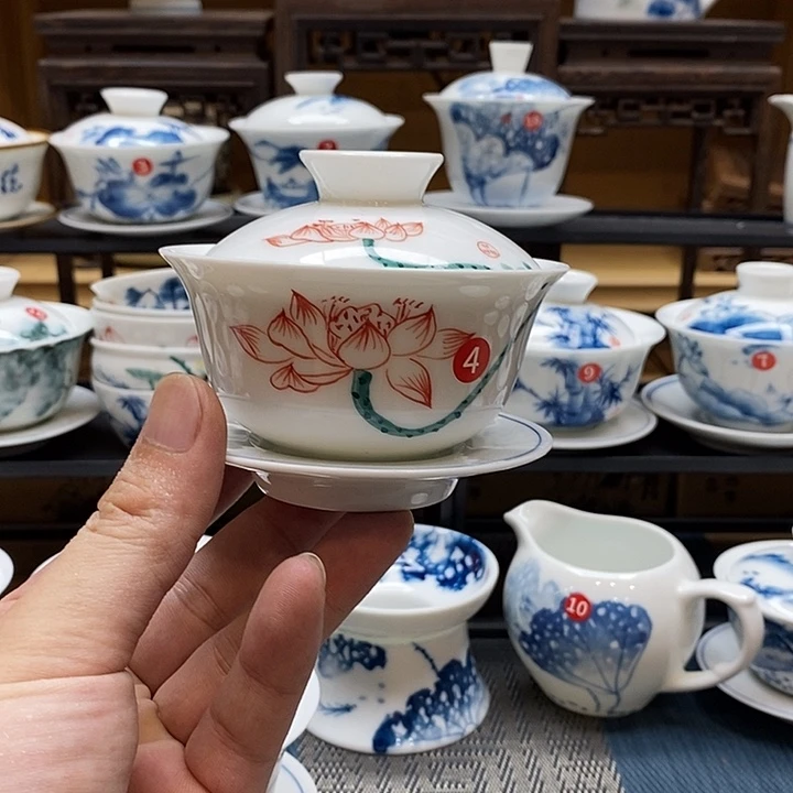 手绘茶具荷花盖碗