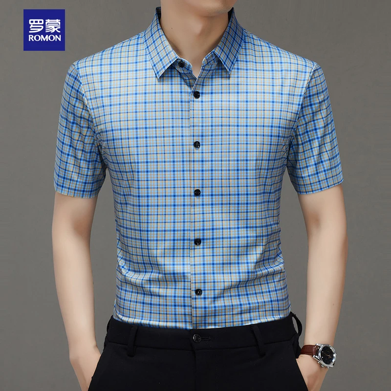 罗蒙男士休闲衬衫短袖轻奢商务轻薄上衣高档上档次薄款无痕衬衣潮