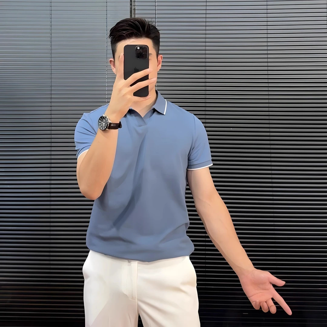 海鸥领polo衫男士商务休闲帅气2025夏季时尚条纹短袖纯色翻领t恤