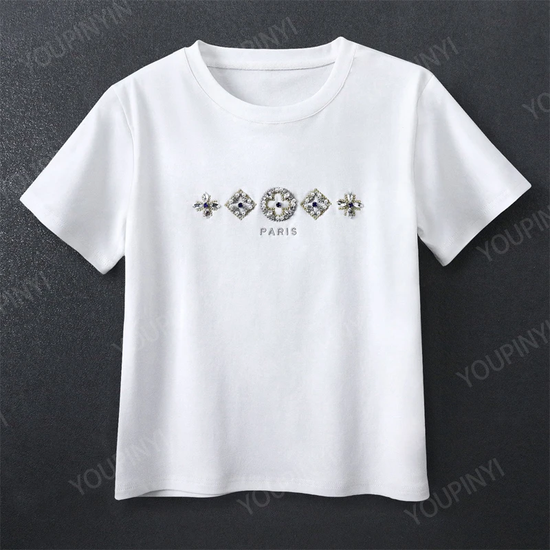 短袖T恤女2025夏季新款重工钉珠刺绣设计感显瘦百搭时尚圆领上衣