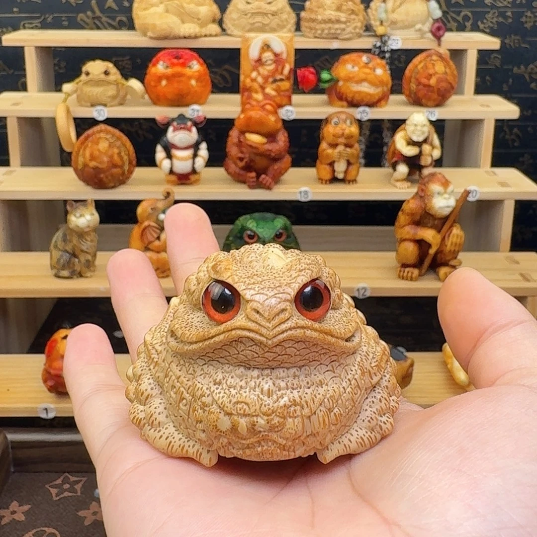 实***高香榧木竹根雕金蟾手把件福利