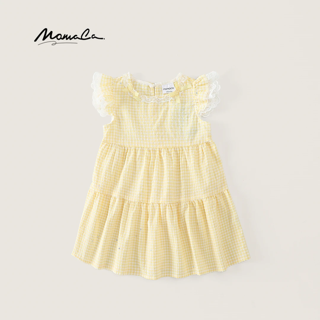 MOMOCO夏季新款黄格子女童飞袖连衣裙77630484010