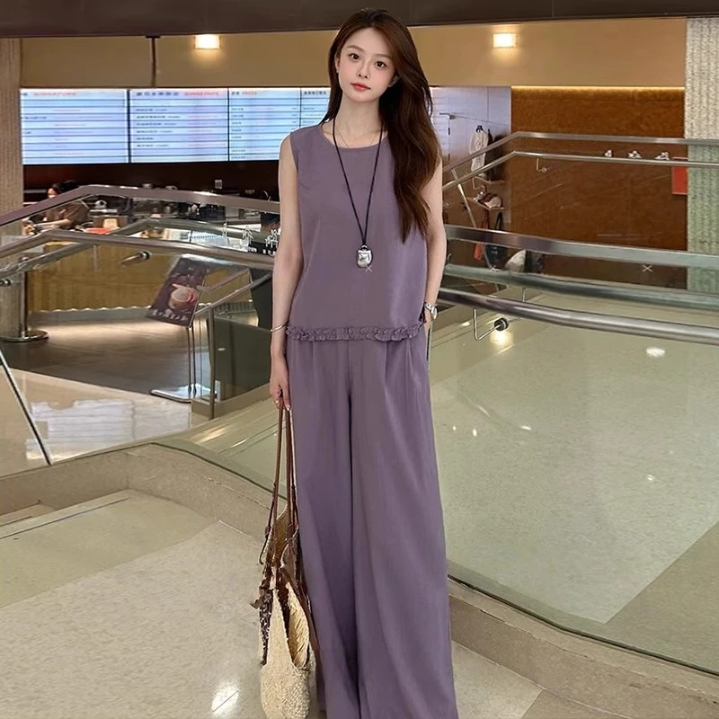 休闲风气质减龄无袖上衣阔腿裤两件套