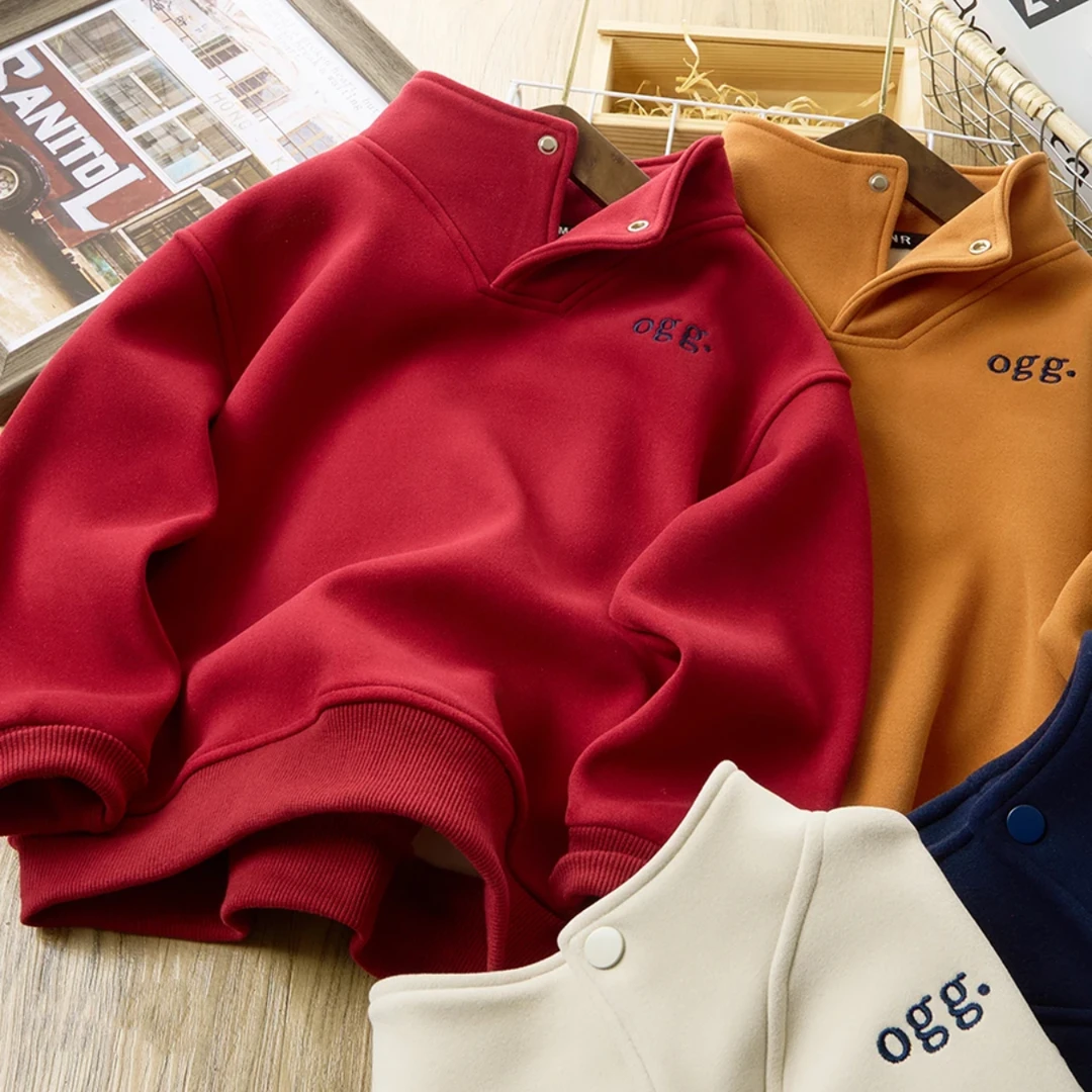 加绒卫衣冬装新款儿童加厚保暖打底衫半开领洋气上衣裤子冬季