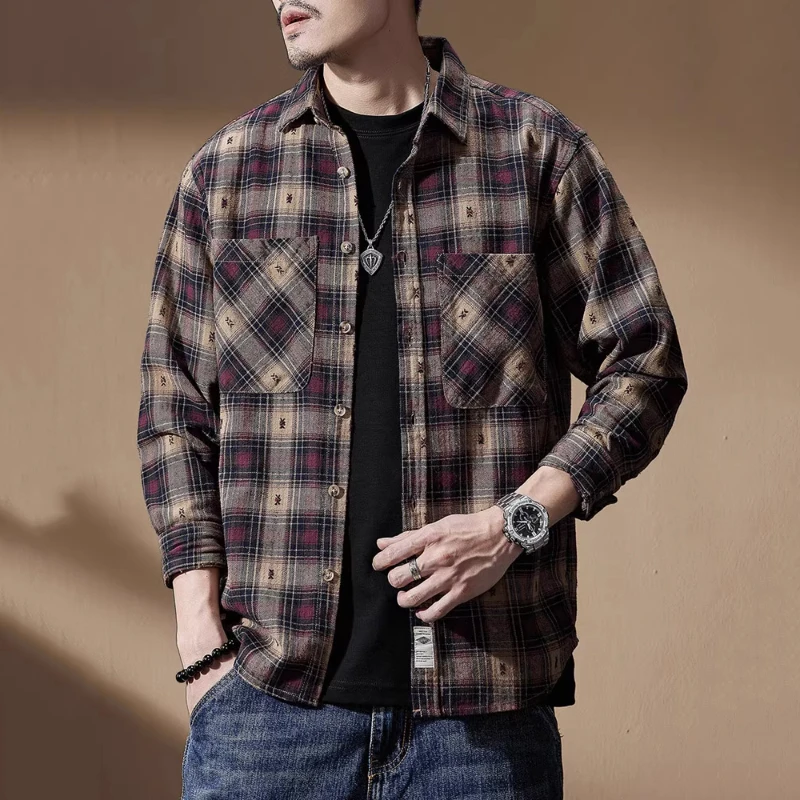 美式复古格子长袖衬衫男士春秋高端新款纯棉休闲美式重磅衬衣外套