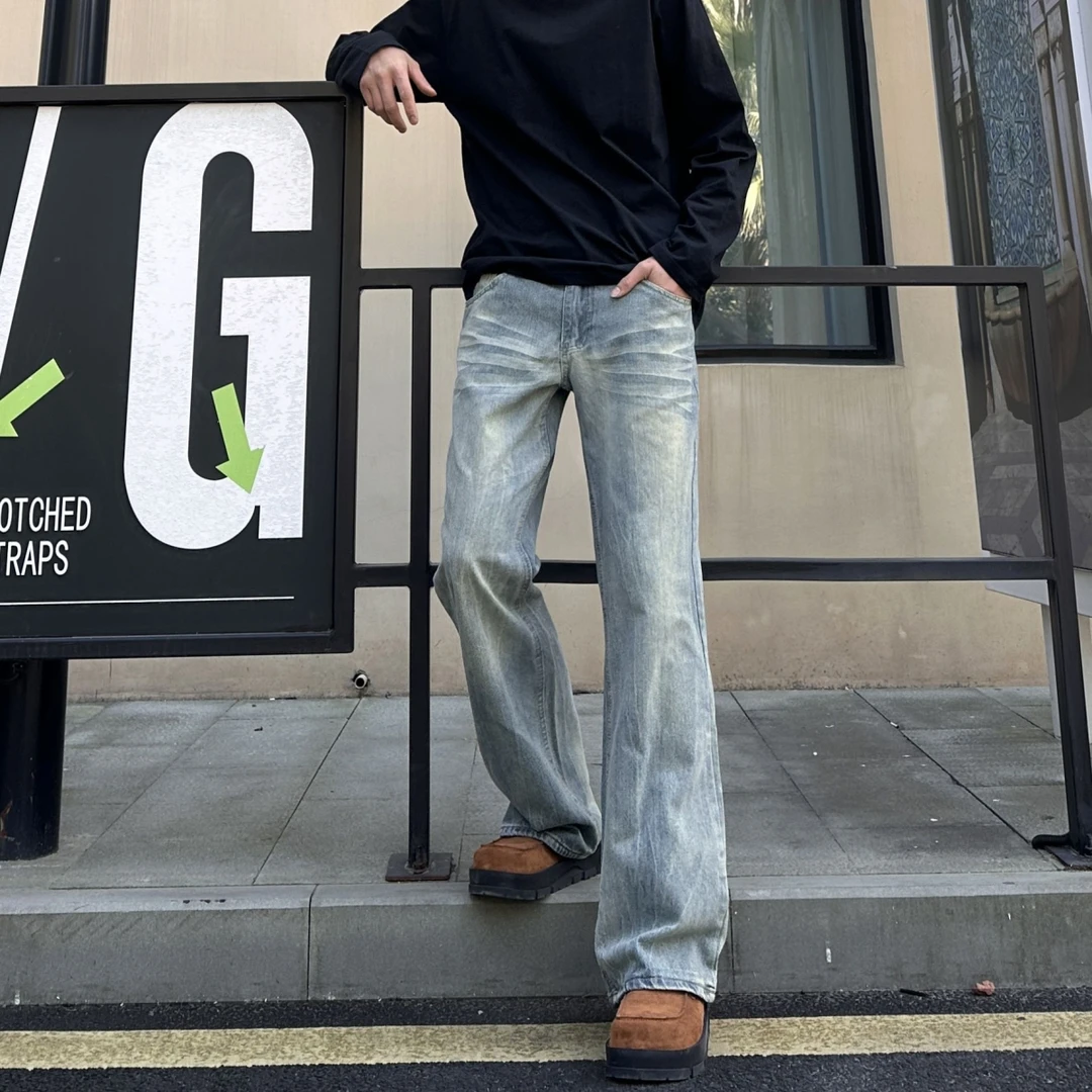 美式复古闪电纹牛仔裤男春秋季潮流宽松垂感直筒裤男高街阔腿裤子