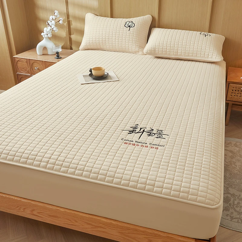 刺绣简约风秋冬季新疆棉花夹棉床笠棕垫乳胶垫亲肤家用床垫保护罩