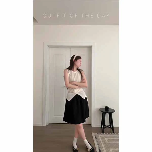 法式灰色圆领吊带背心夏季设计感交叉收腰修身无袖上衣半身裙套装