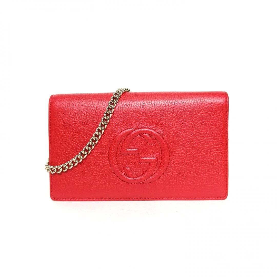 99新 GUCCI/古驰 【娇】红色 皮革C 金扣 双G 链条包 621122