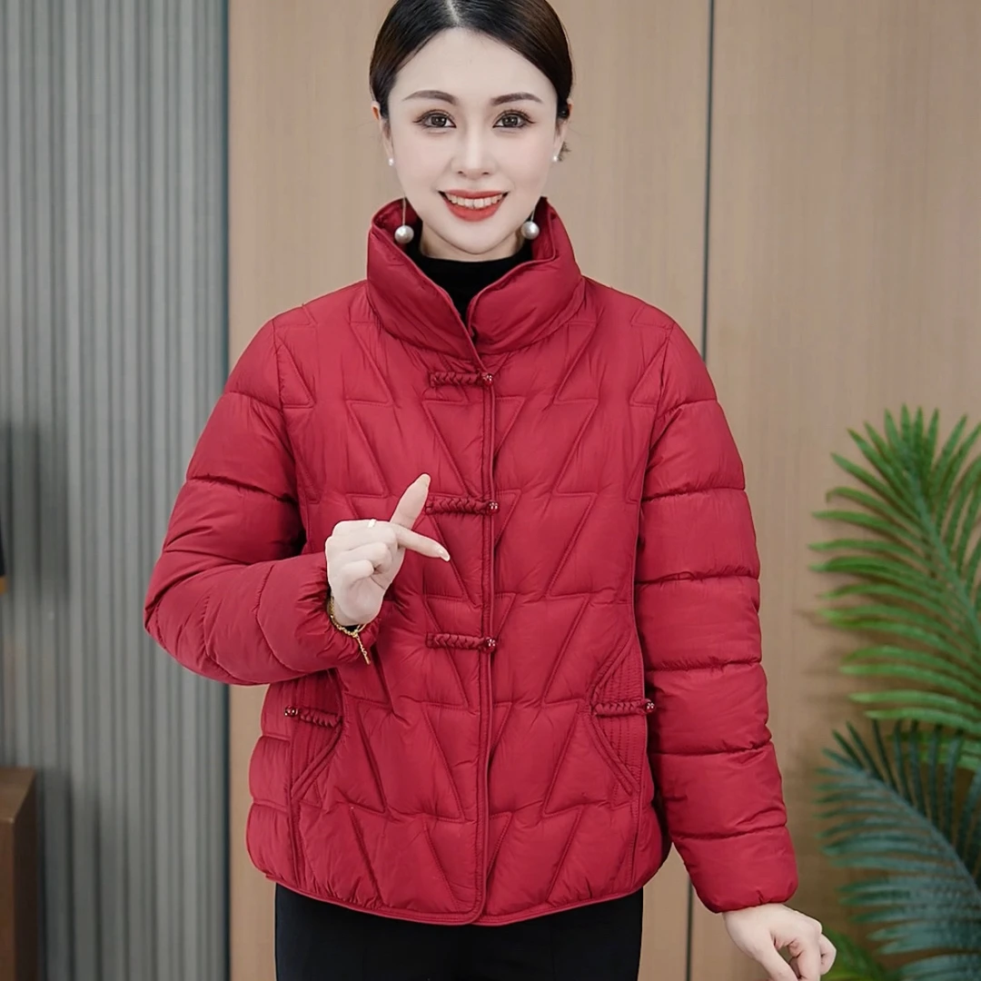 品质妈妈装2025冬保暖棉服宽松显瘦外套短款立领国风盘扣