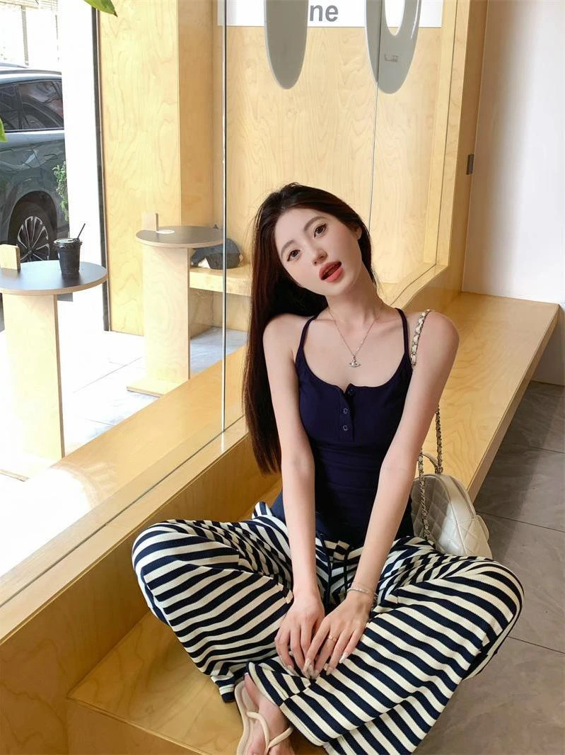 150小个子针织裤夏装两件套无袖吊带背心抽绳条纹冰丝慵懒阔腿裤