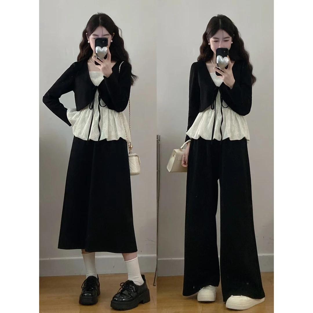 秋季大码女装胖mm假两件蕾丝拼接上衣+半裙裤子两件套