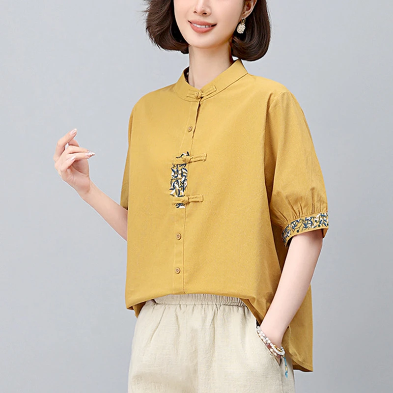 衬衣国风新中式短款衬衫女短袖2025立领气质小衫文艺妈妈刺绣上衣