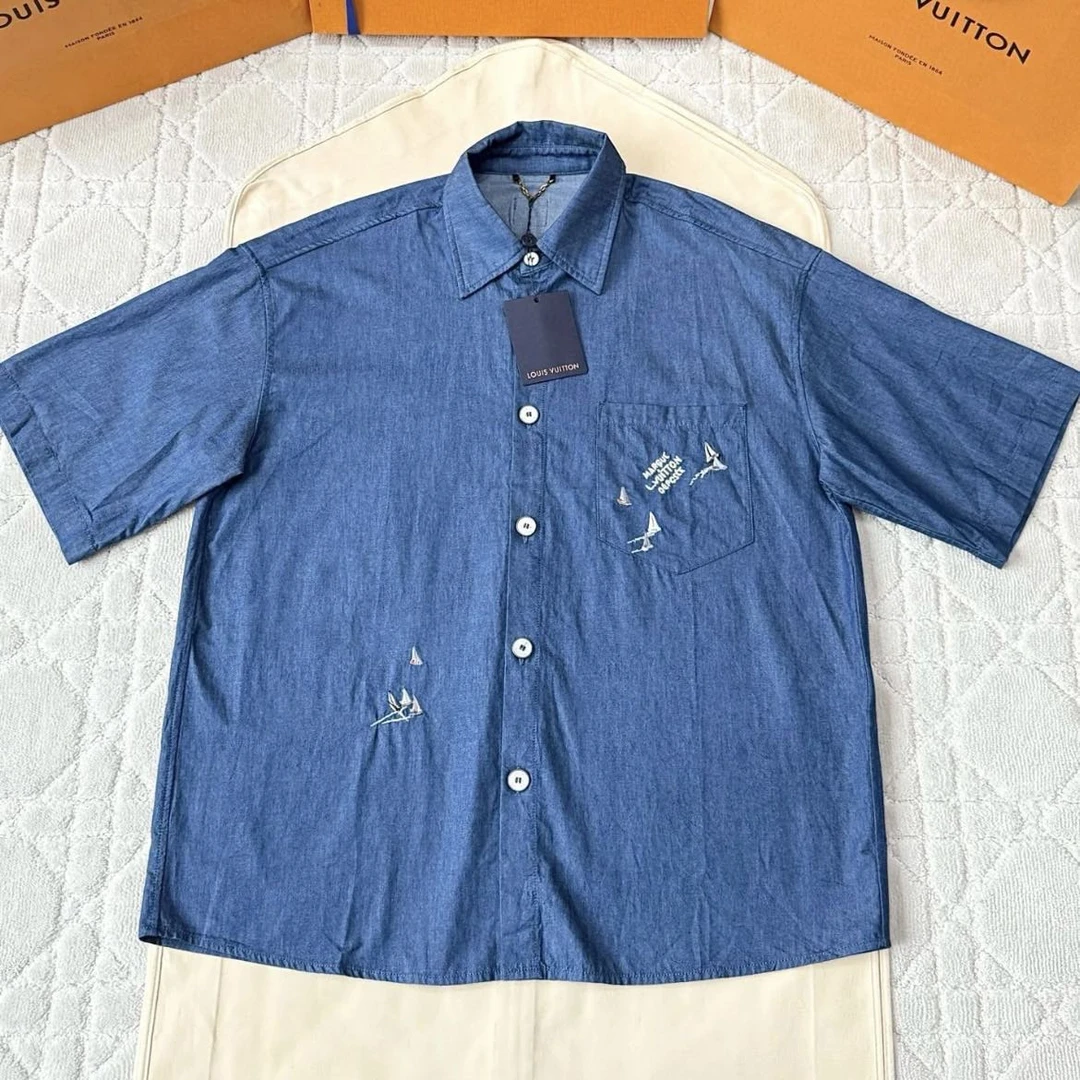 未使用 LouisVuitton/路易威登  25FW 帆船刺绣牛仔衬衫短袖 M码