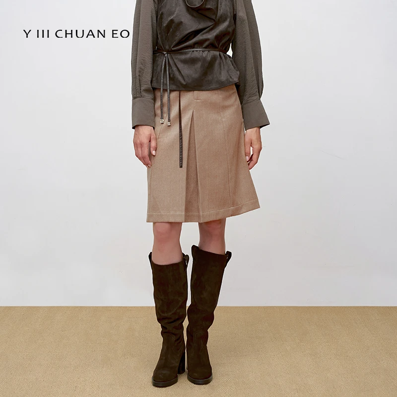 Y III CHUAN EO一川原创英伦复古高腰A字短裙人字纹毛呢半身裙