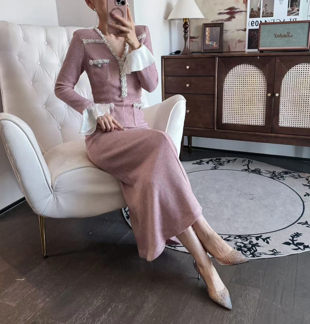 【董董】C306 千金小姐 气质粉色减龄中长款粉色减龄毛呢连衣裙