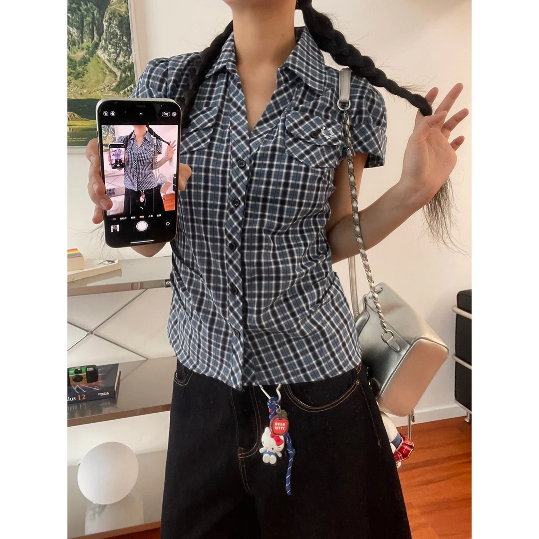19studio WAYNEPRINCE 学院风蓝色格子衬衫短袖辣妹小v领修身上衣