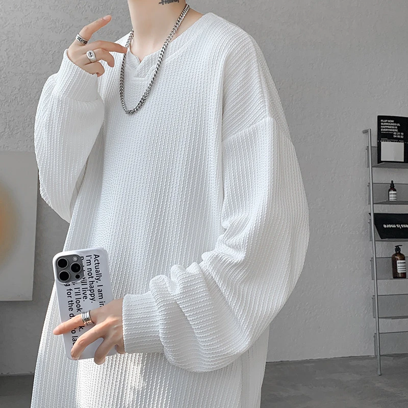 V领白色男士长袖t恤秋冬季肌理感内搭休闲体恤男款打底衫衣服男装