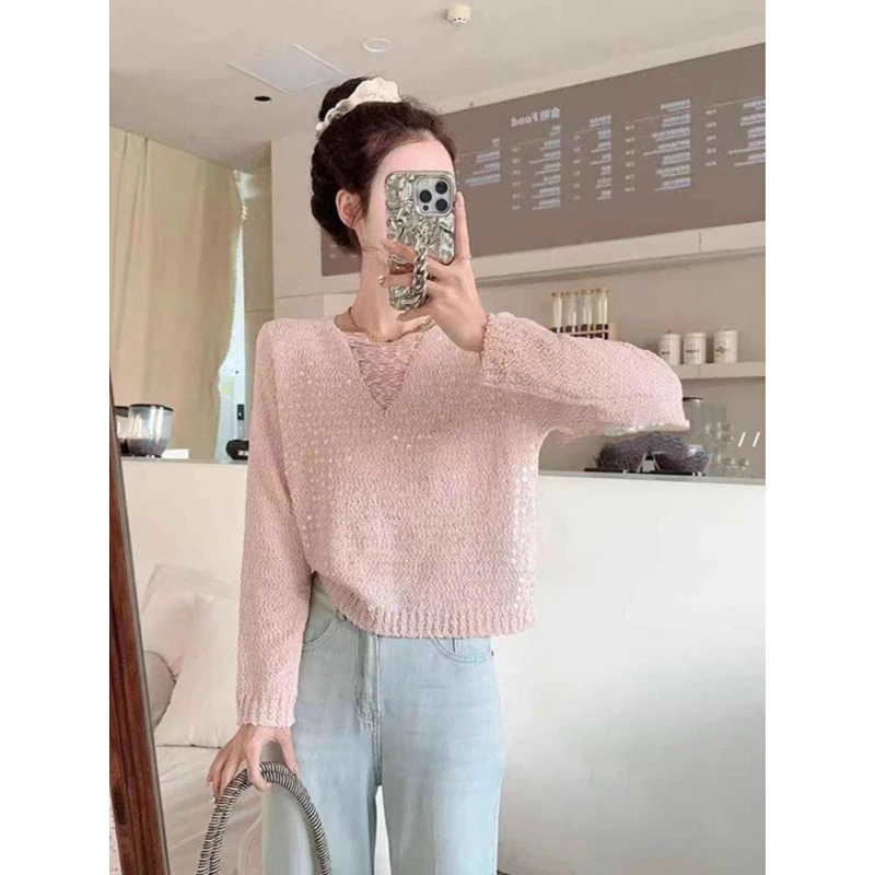 重工亮片V领针织衫女秋冬新款韩版气质显瘦毛衣女士毛衣外套