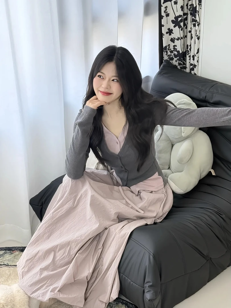 【芋你一起】温柔风高级感假两件针织上衣高腰淡粉紫色花苞半身裙
