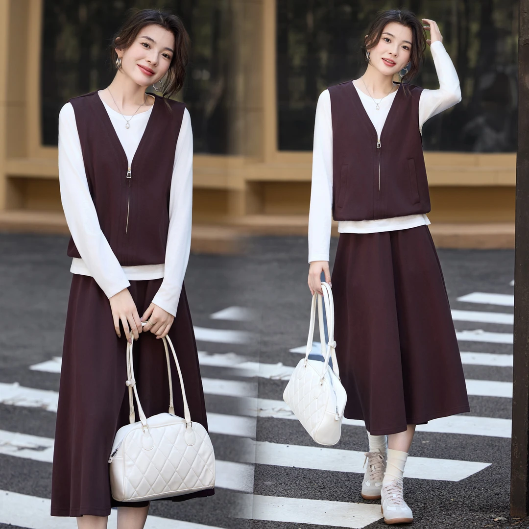 休闲时尚假两件拼接套装裙女2025春秋新款设计感气质半身裙两件套