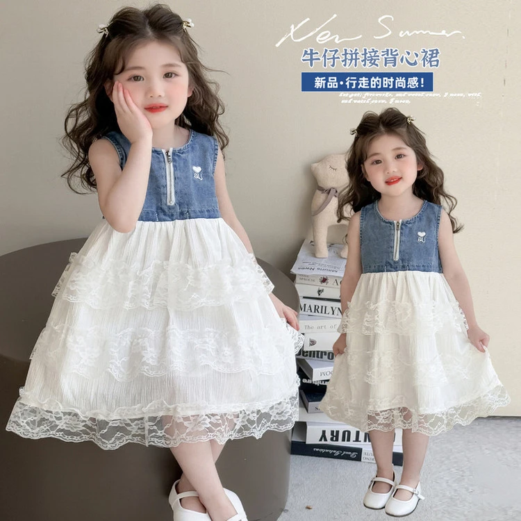 2025新品女童背心裙夏装儿童洋气休闲百搭牛仔芭蕾风网纱裙连衣裙