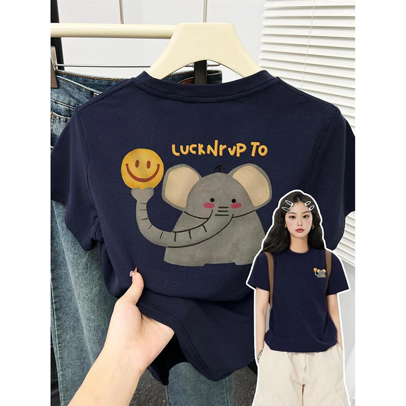 正肩小个子修身显瘦短袖T恤女小众卡通大象印花高弹力打底棉上衣