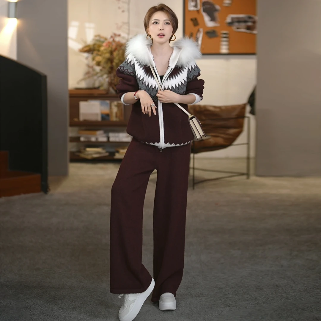 溶溶【北欧星迹】RONGRONG 羊毛混纺软糯貉子毛领慵懒套装2518K510