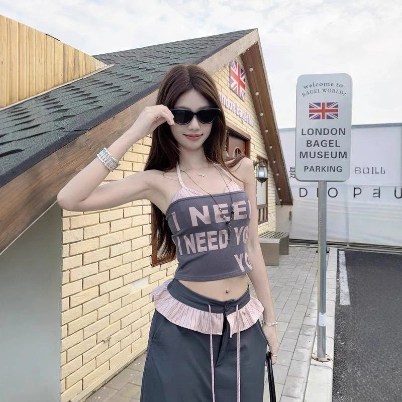 夏季新款纯欲两件套抹胸字母印花背心条纹吊带带胸垫显瘦女