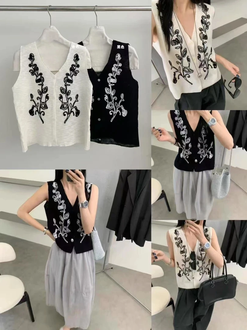 56055 老钱度假风花卉刺绣无袖V领针织背心（衣长56左右）