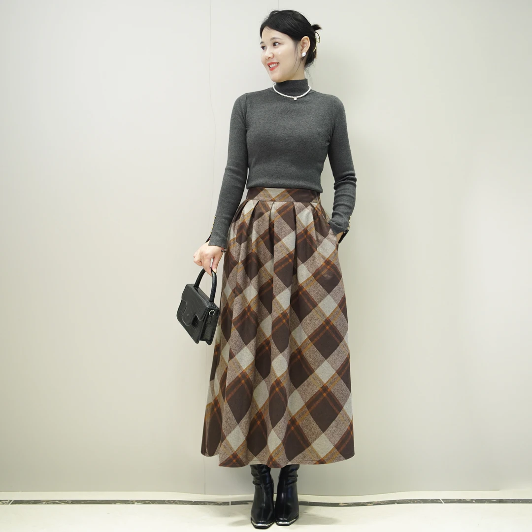 2025冬季新款印花高腰女装松紧带成人A字裙格子半身裙中长款加厚