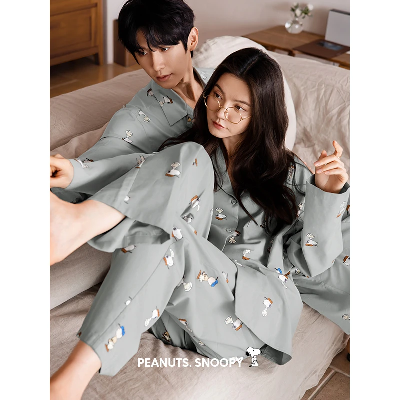 贝妍史努比情侣睡衣女春秋新款柔软棉长袖家居服男士开衫大码套装