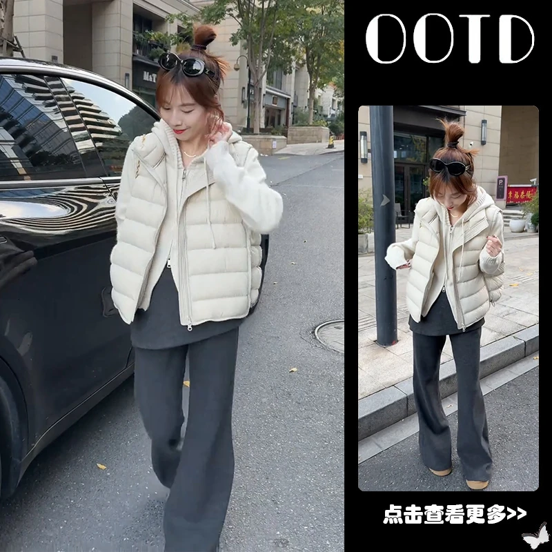 秋季流行穿搭一整套女2025新款连帽针织衫叠穿马甲休闲裤三件套